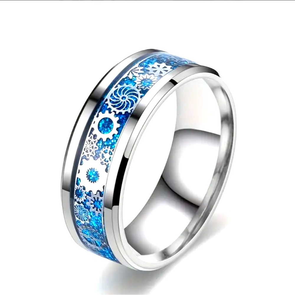 New Sz12 cool gears design steampunk ring with blue accents trendy wedding band